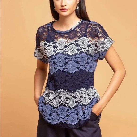 Eva Franco (Anthropologie) Navy Lace Short Sleeve Peplum Size XSP - Picture 1 of 8